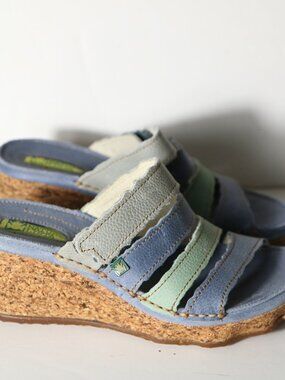 El Naturalista N402 Strappy Cork Wedge Sandal Womens 38 8 Slip On Blue Boho